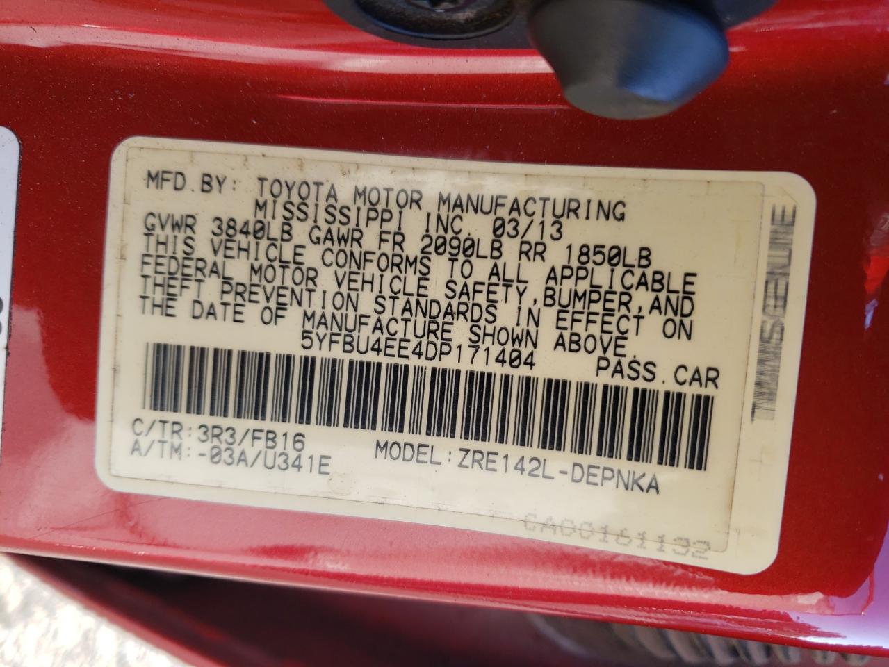 Photo 10 from auction – 2013 TOYOTA COROLLA BA with VIN 5YFBU4EE4DP171404