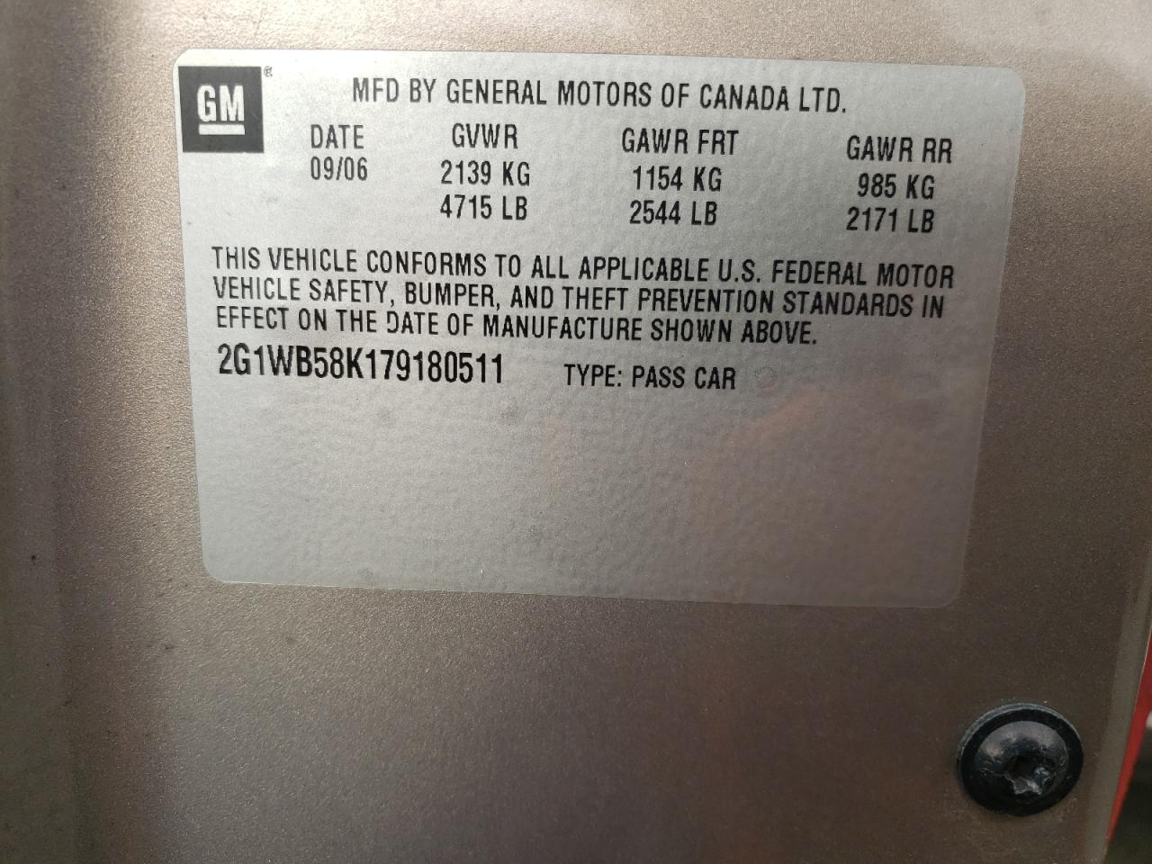 Photo 10 from auction – 2007 CHEVROLET IMPALA LS with VIN 2G1WB58K179180511