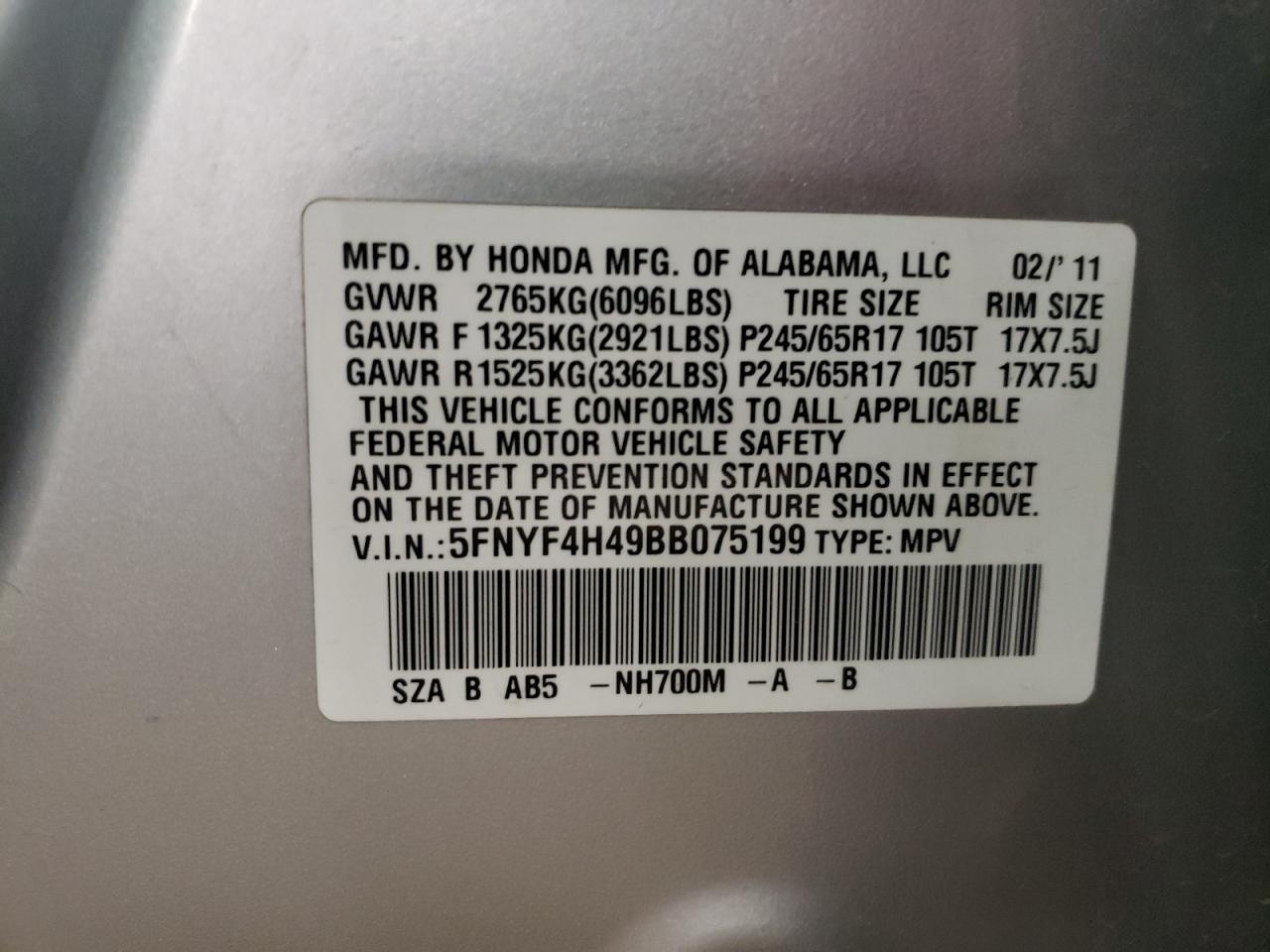 Photo 10 from auction – 2011 HONDA PILOT with VIN 5FNYF4H49BB075199