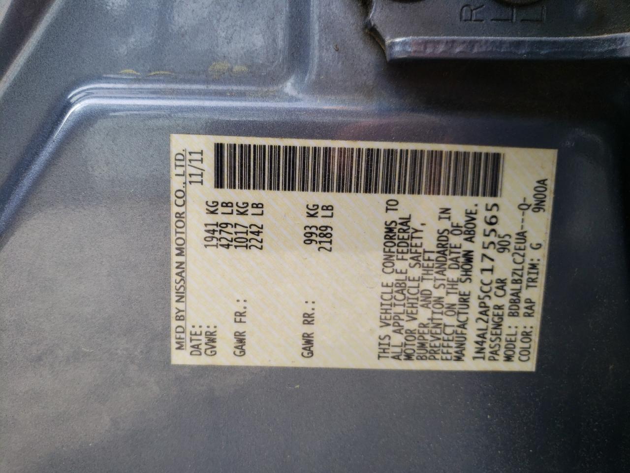 Photo 10 from auction – 2012 NISSAN ALTIMA BAS with VIN 1N4AL2AP5CC175565