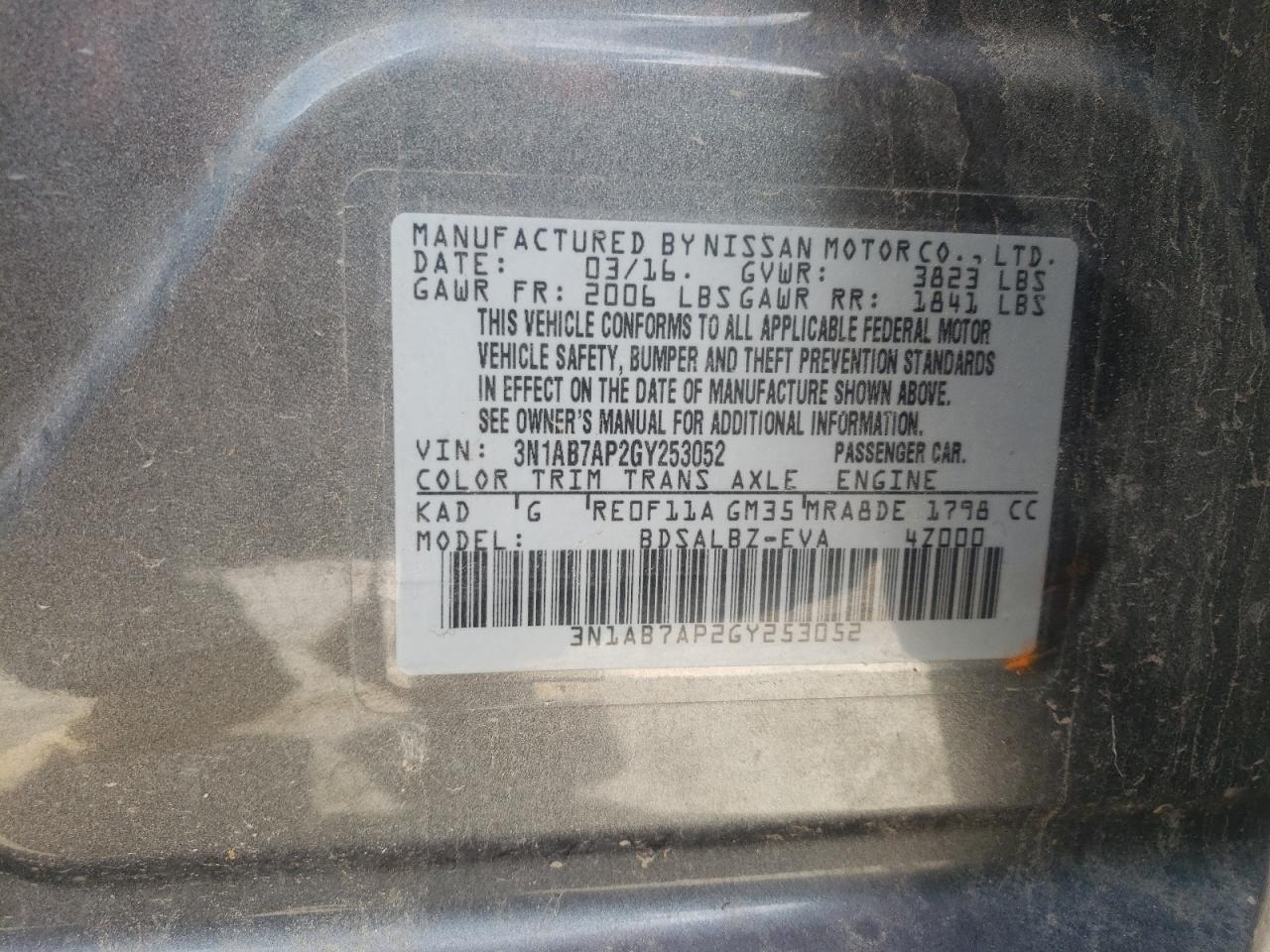 Photo 10 from auction – 2016 NISSAN SENTRA S with VIN 3N1AB7AP2GY253052