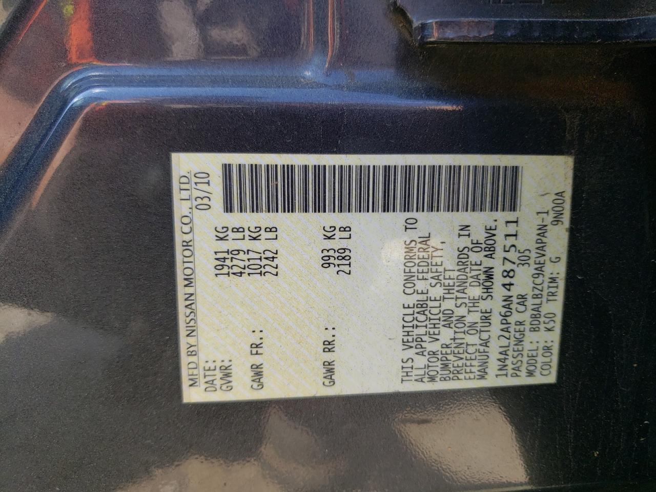 Photo 10 from auction – 2010 NISSAN ALTIMA BAS with VIN 1N4AL2AP6AN487511