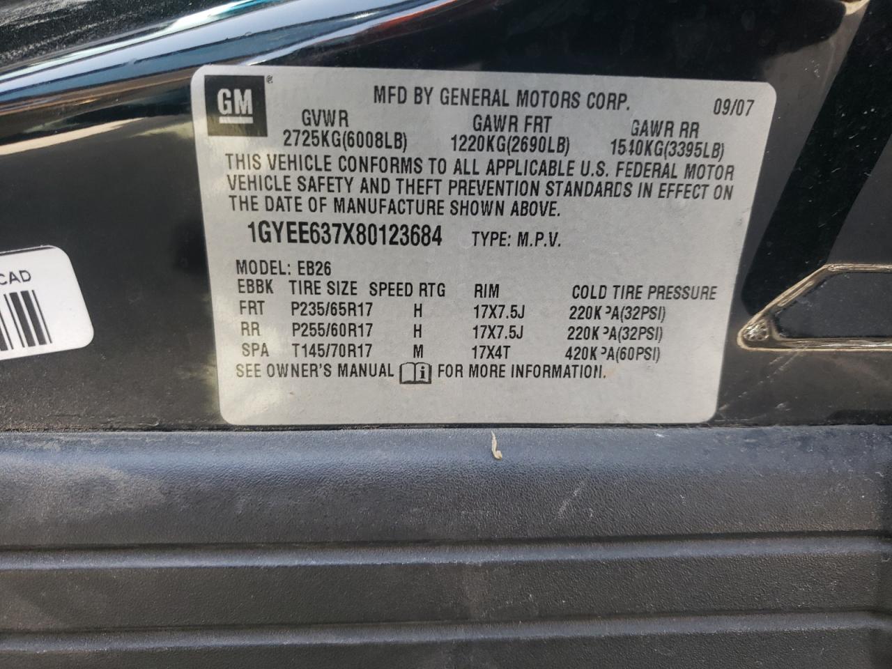 Photo 10 from auction – 2008 CADILLAC SRX with VIN 1GYEE637X80123684