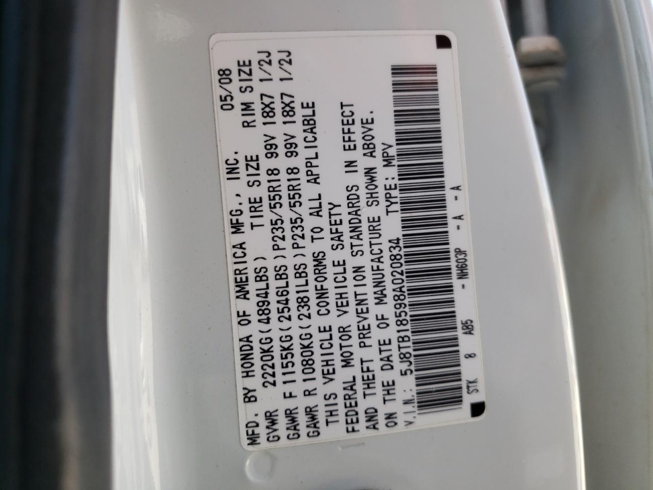 Photo 10 from auction – 2008 ACURA RDX TECHNO with VIN 5J8TB18598A020834