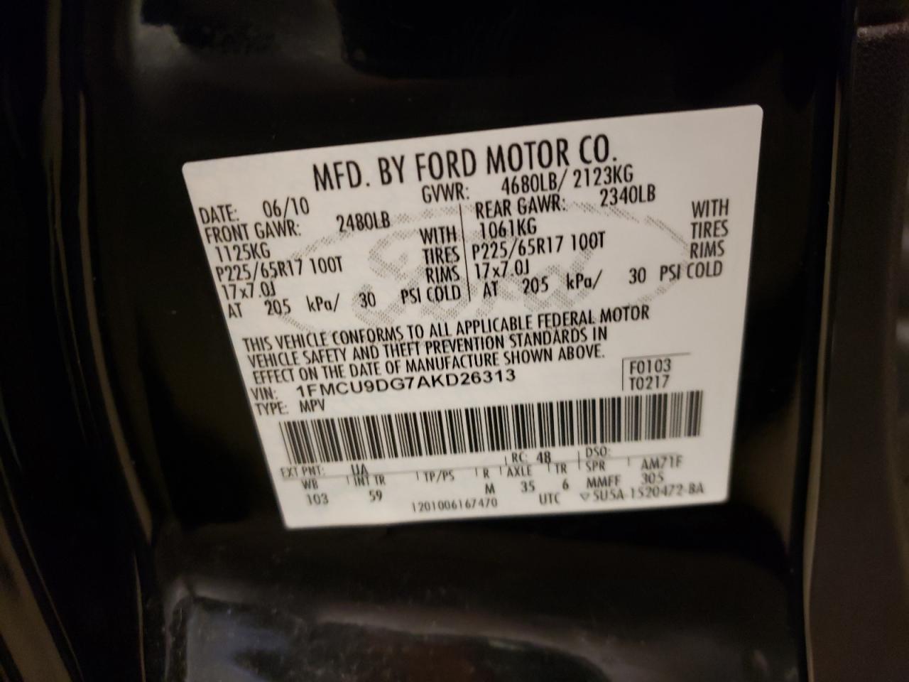 Photo 10 from auction – 2010 FORD ESCAPE XLT with VIN 1FMCU9DG7AKD26313