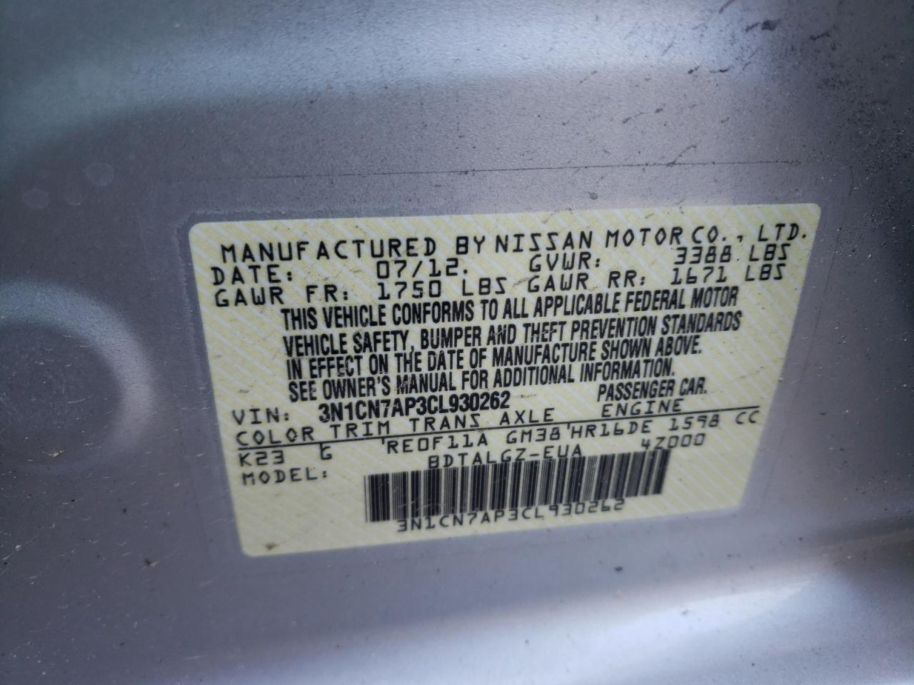 Photo 10 from auction – 2012 NISSAN VERSA S with VIN 3N1CN7AP3CL930262