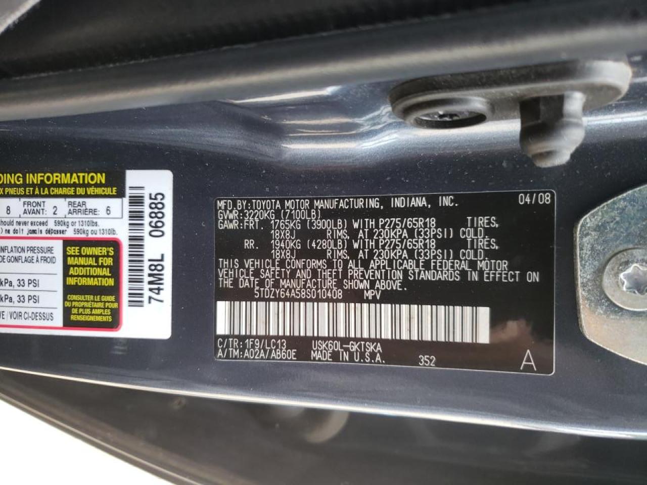 Photo 10 from auction – 2008 TOYOTA SEQUOIA SR with VIN 5TDZY64A58S010408