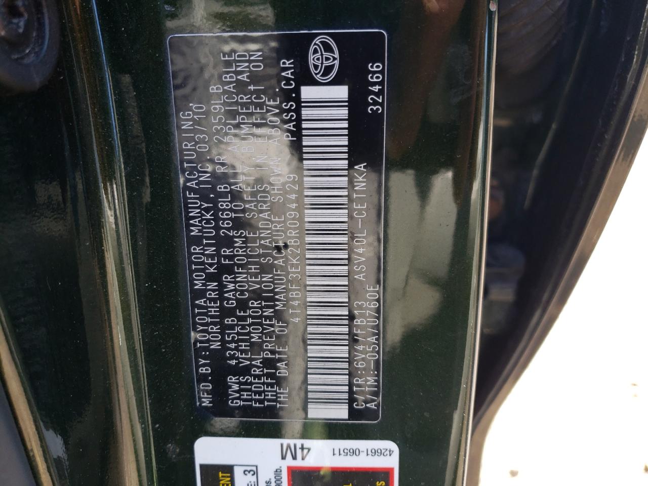 Photo 10 from auction – 2011 TOYOTA CAMRY BASE with VIN 4T4BF3EK2BR094429
