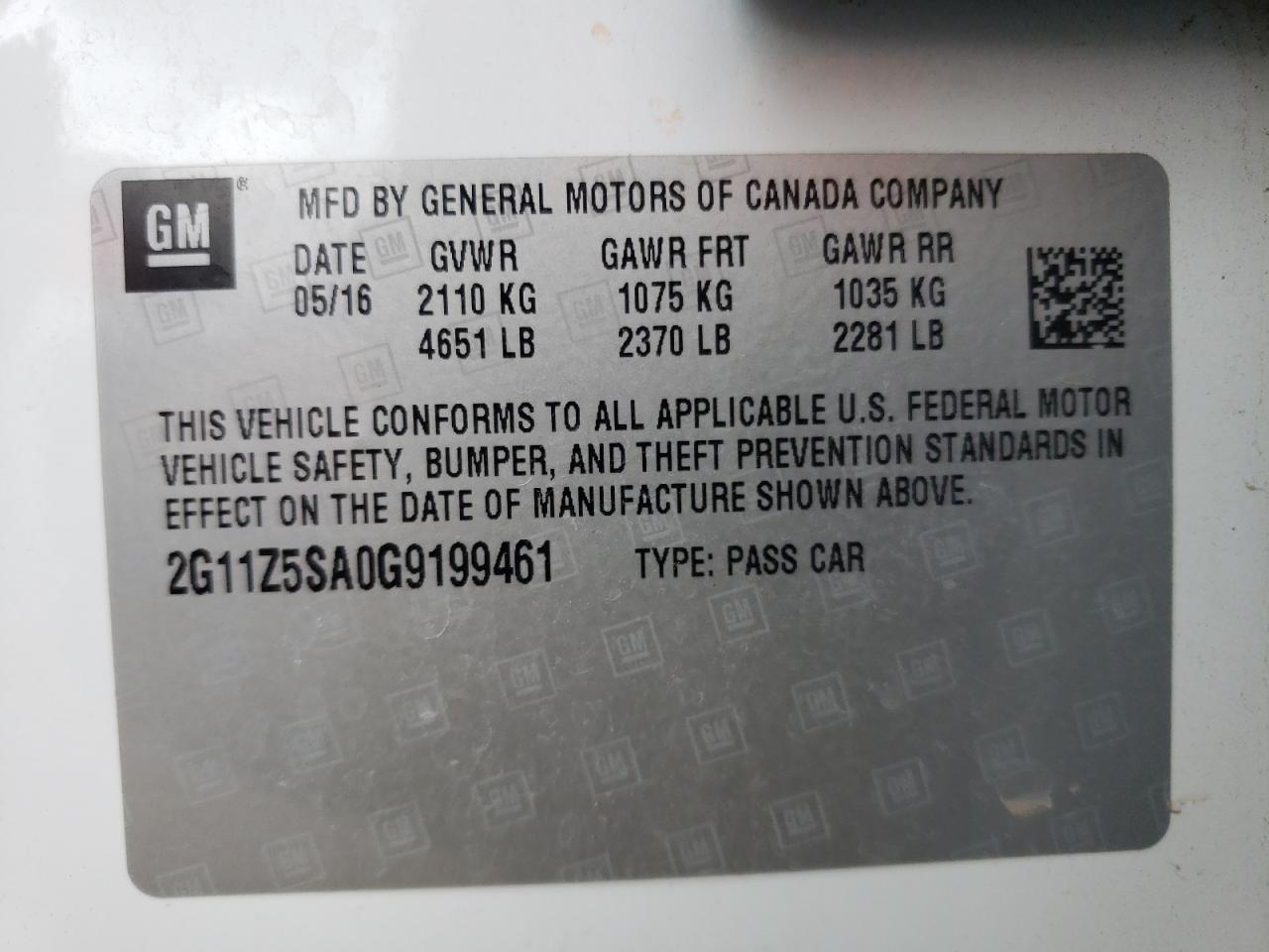 Photo 10 from auction – 2016 CHEVROLET IMPALA LS with VIN 2G11Z5SA0G9199461