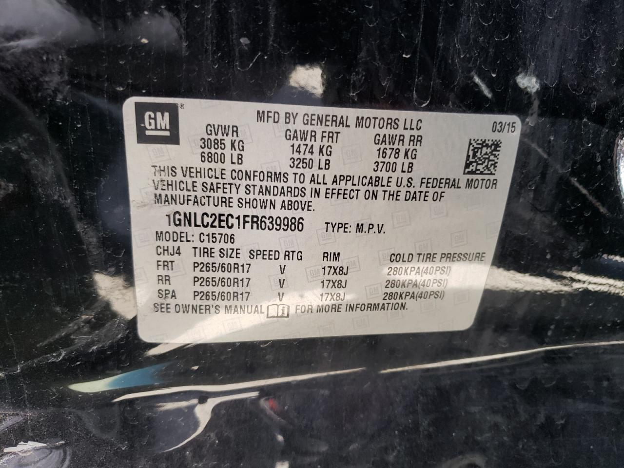 Photo 10 from auction – 2015 CHEVROLET TAHOE POLI with VIN 1GNLC2EC1FR639986