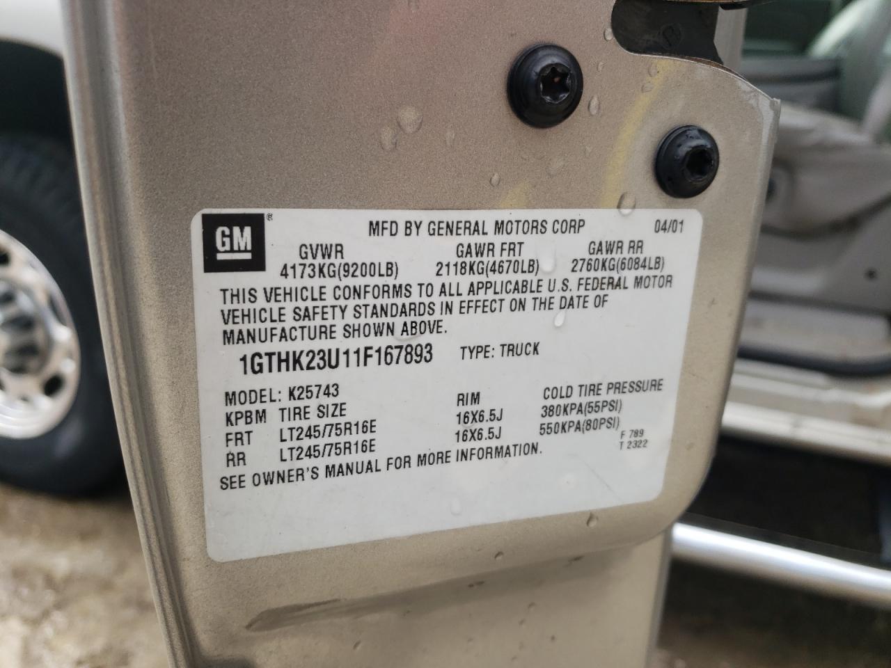 Photo 10 from auction – 2001 GMC SIERRA K25 with VIN 1GTHK23U11F167893