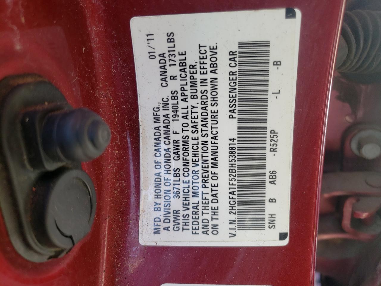 Photo 10 from auction – 2011 HONDA CIVIC LX with VIN 2HGFA1F52BH538814