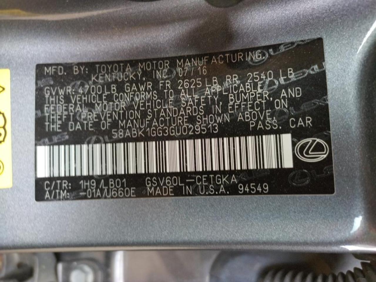 Photo 10 from auction – 2016 LEXUS ES 350 with VIN 58ABK1GG3GU029513