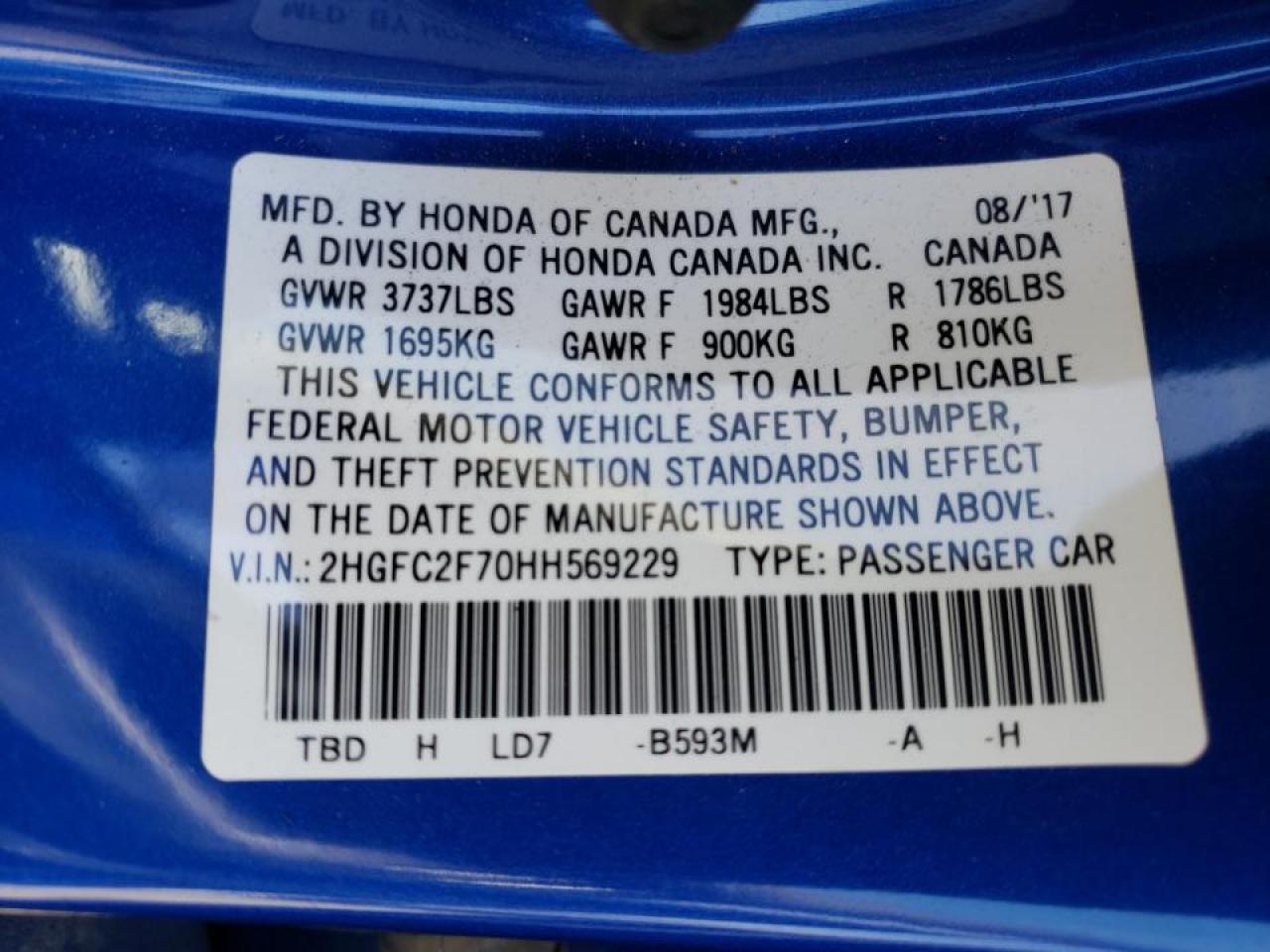 Photo 10 from auction – 2017 HONDA CIVIC EX with VIN 2HGFC2F70HH569229