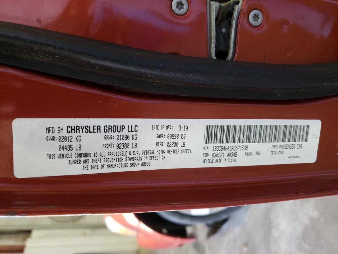 Foto 10 de la subasta – 2010 DODGE CALIBER SX con VIN 1B3CB4HA5AD571538