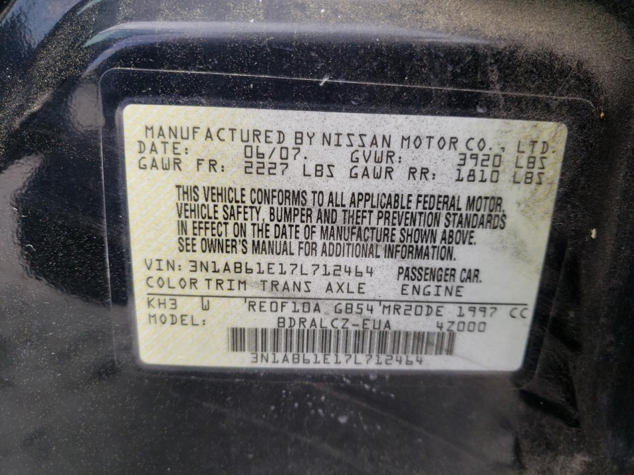 Photo 10 from auction – 2007 NISSAN SENTRA 2.0 with VIN 3N1AB61E17L712464
