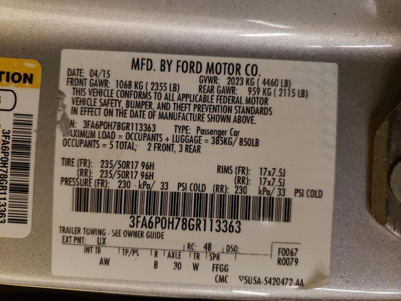 Photo 10 from auction – 2016 FORD FUSION SE with VIN 3FA6P0H78GR113363