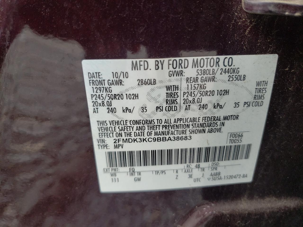 Photo 10 from auction – 2011 FORD EDGE LIMIT with VIN 2FMDK3KC9BBA38683