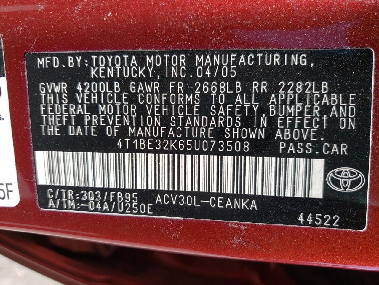 Photo 10 from auction – 2005 TOYOTA CAMRY LE with VIN 4T1BE32K65U073508