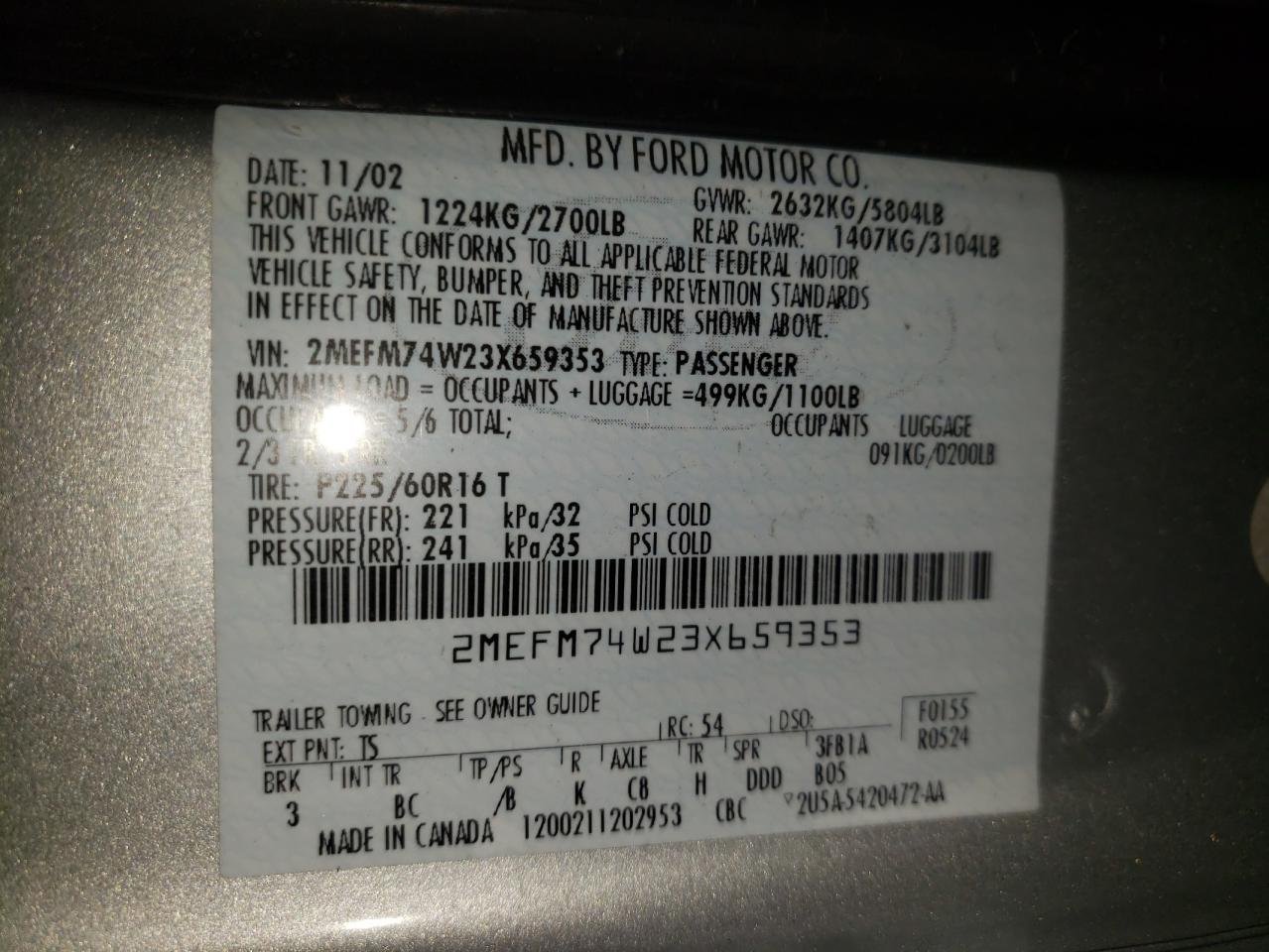 Photo 10 from auction – 2003 MERCURY GRAND MARQ with VIN 2MEFM74W23X659353