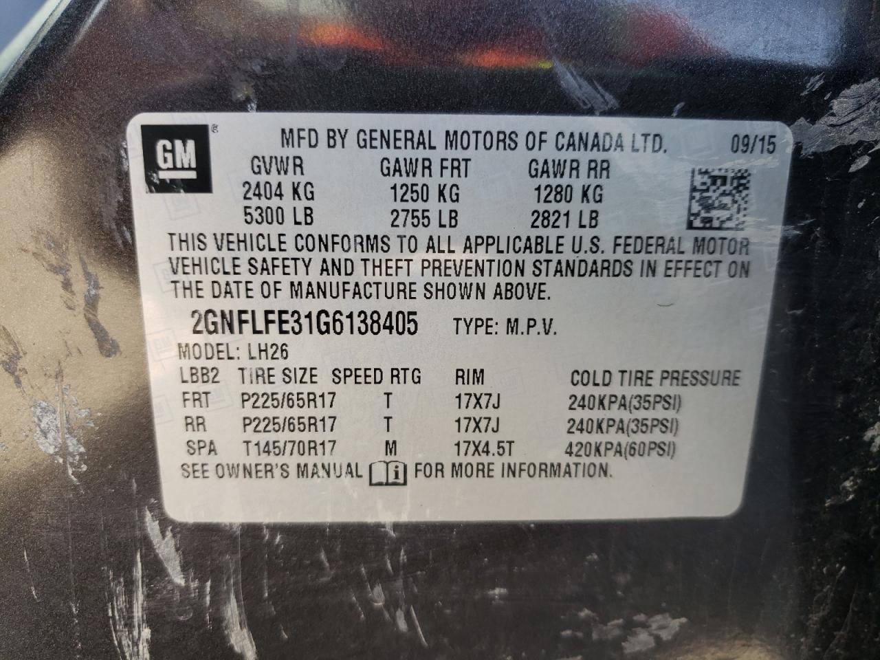 Photo 10 from auction – 2016 CHEVROLET EQUINOX LT with VIN 2GNFLFE31G6138405