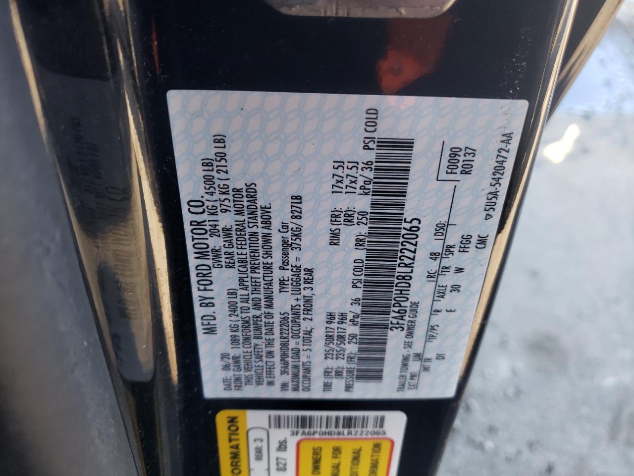 Photo 10 from auction – 2020 FORD FUSION SE with VIN 3FA6P0HD8LR222065