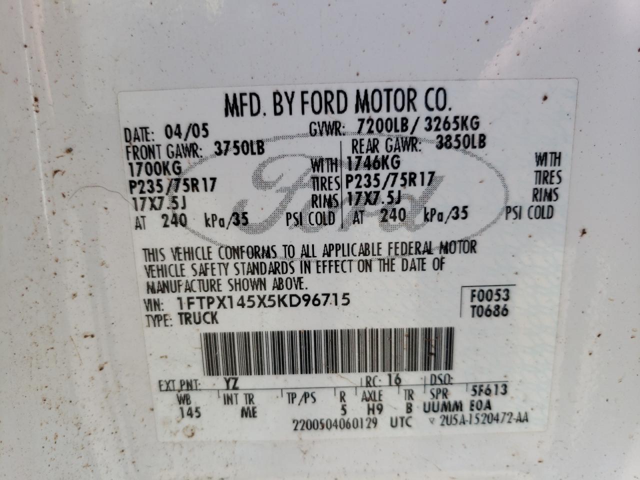 Photo 10 from auction – 2005 FORD F150 with VIN 1FTPX145X5KD96715