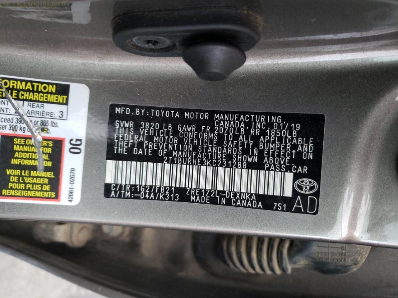 Photo 10 from auction – 2019 TOYOTA COROLLA L with VIN 2T1BURHE3KC231288