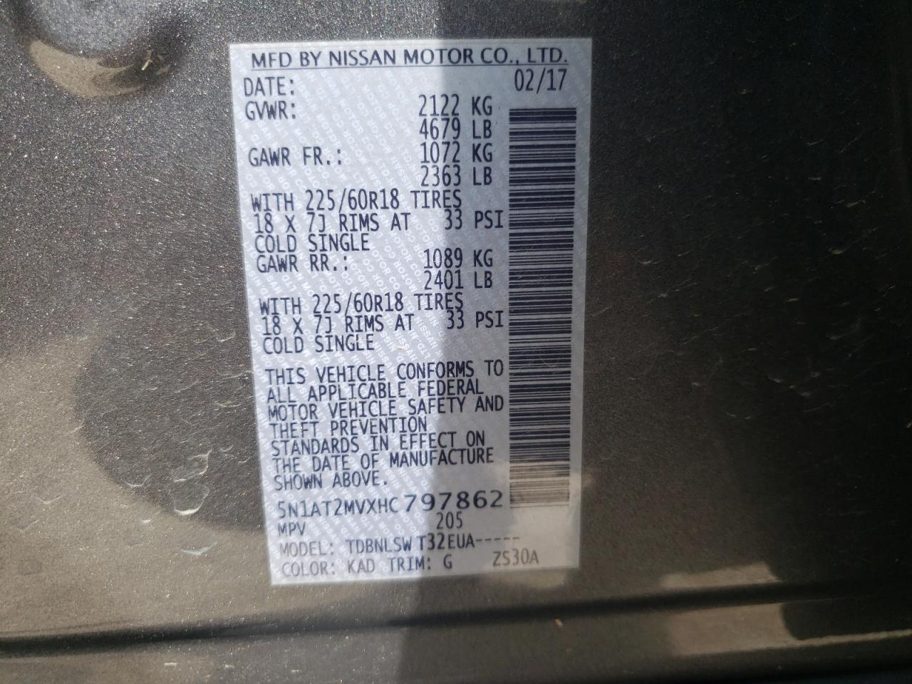 Photo 10 from auction – 2017 NISSAN ROGUE SV with VIN 5N1AT2MVXHC797862