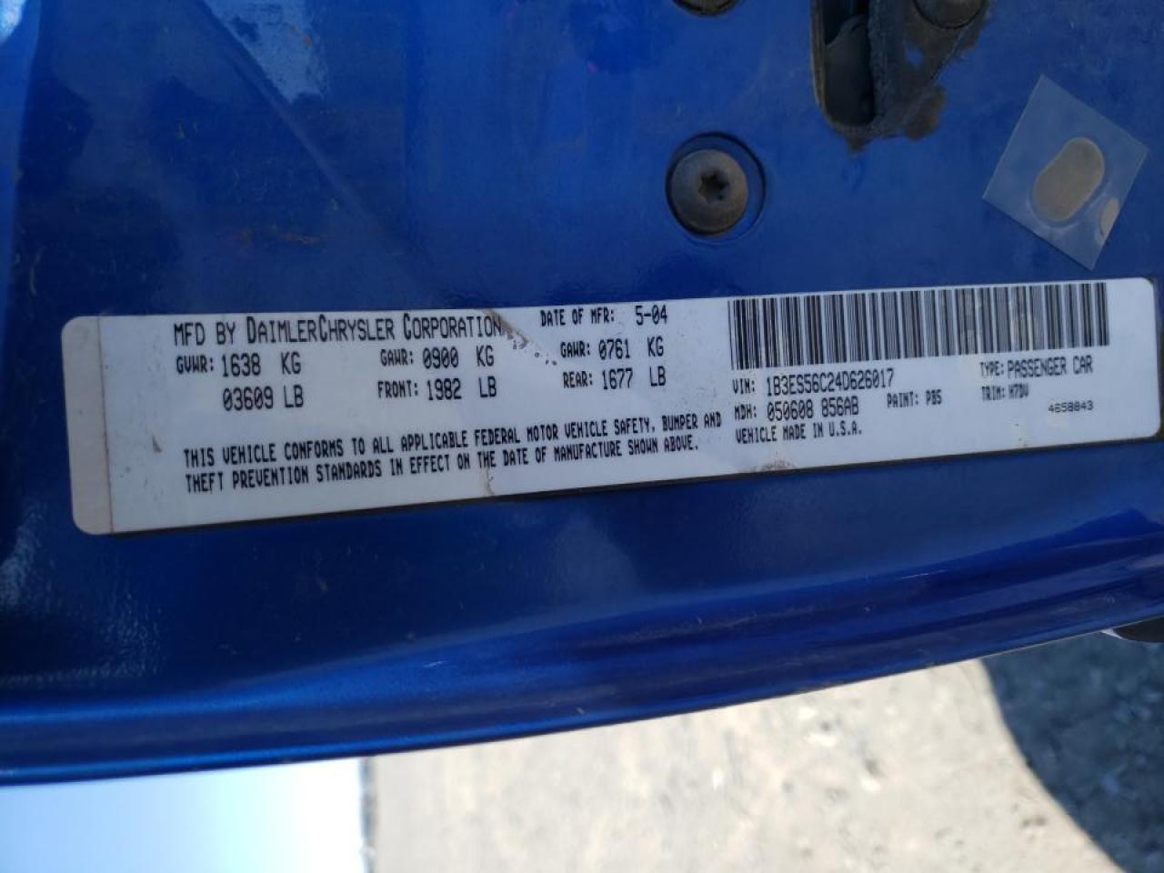 Photo 10 from auction – 2004 DODGE NEON SXT with VIN 1B3ES56C24D626017