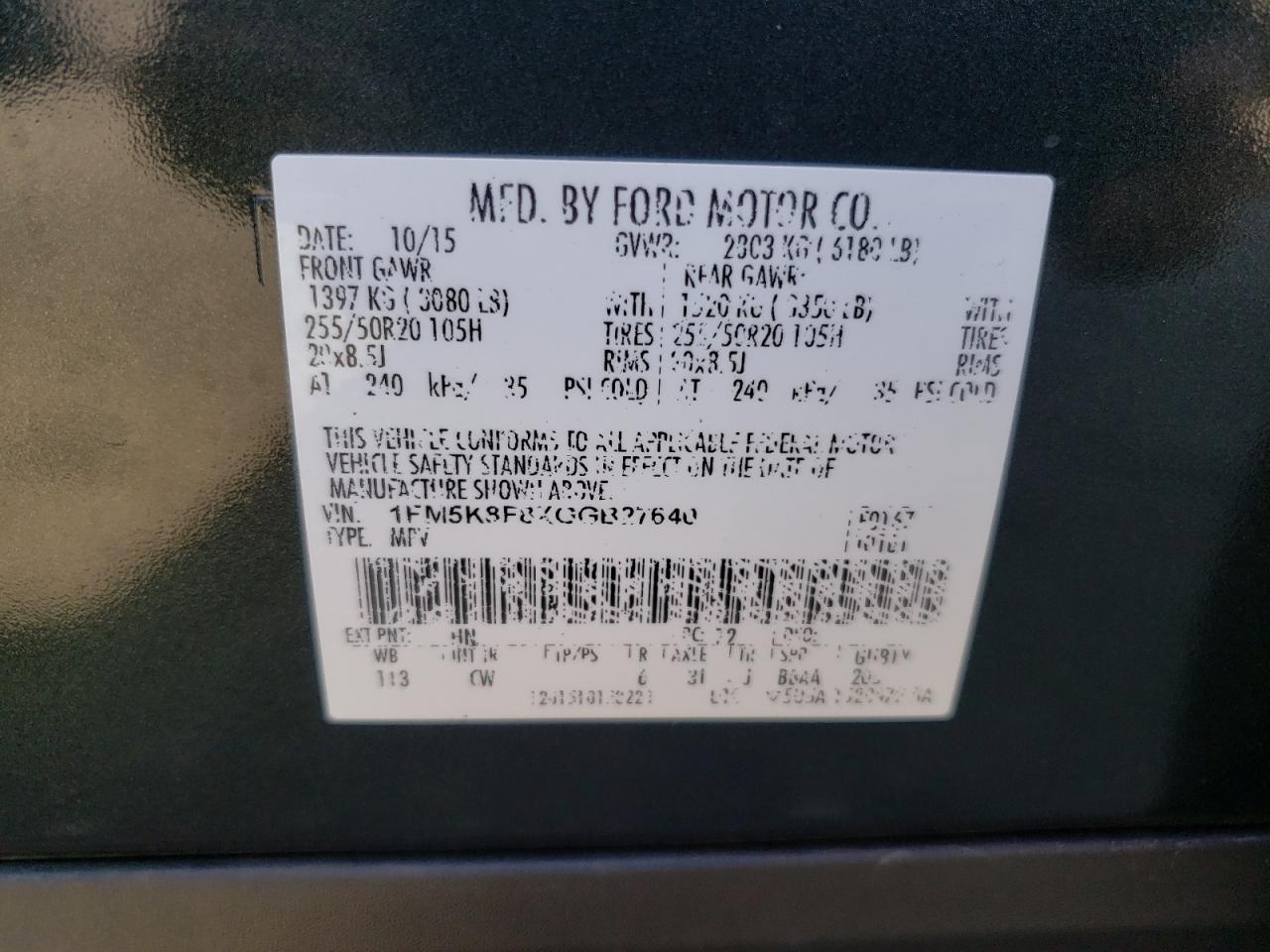 Photo 10 from auction – 2016 FORD EXPLORER L with VIN 1FM5K8F8XGGB27640