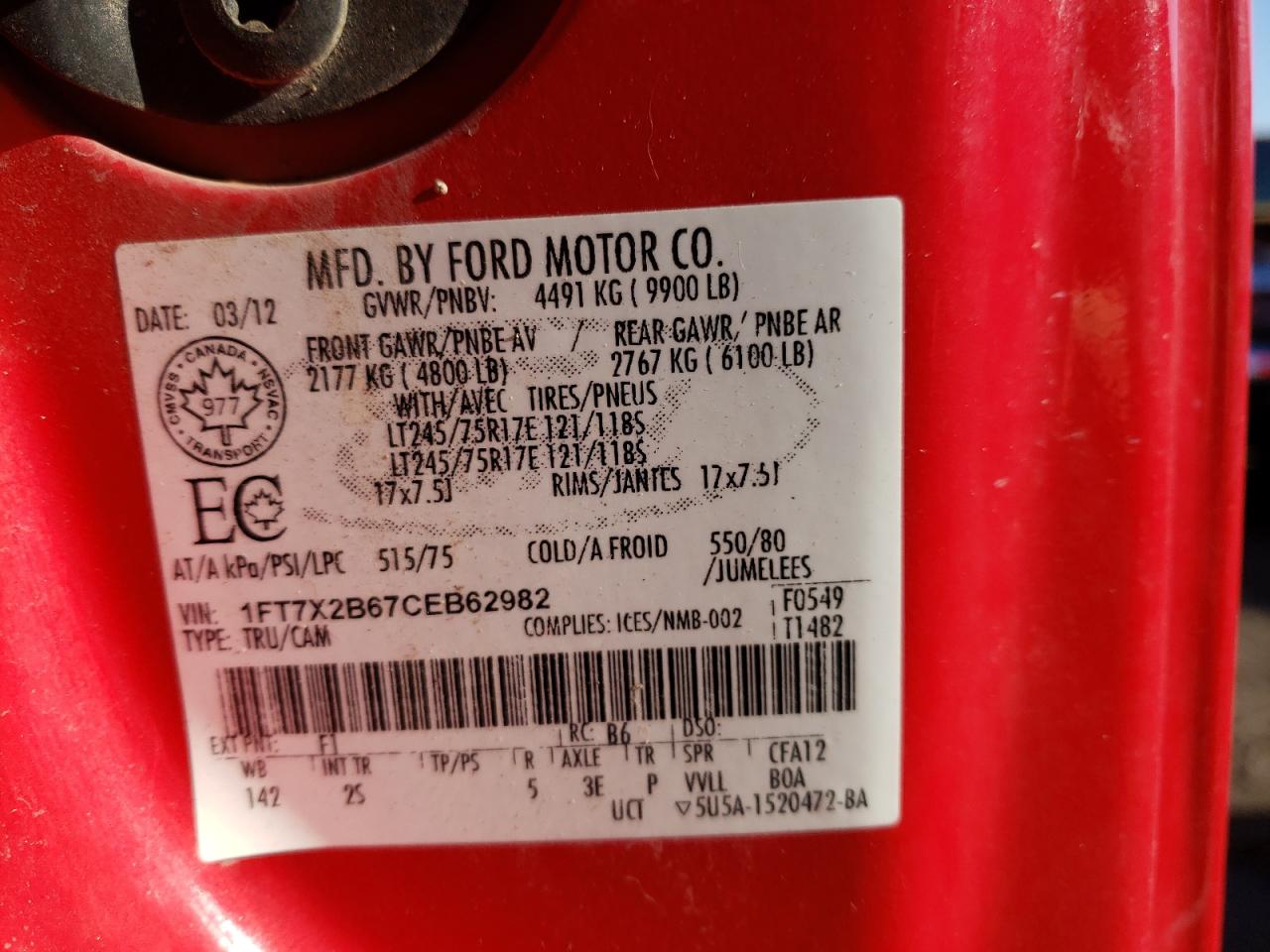 Photo 10 from auction – 2012 FORD F250 SUPER with VIN 1FT7X2B67CEB62982