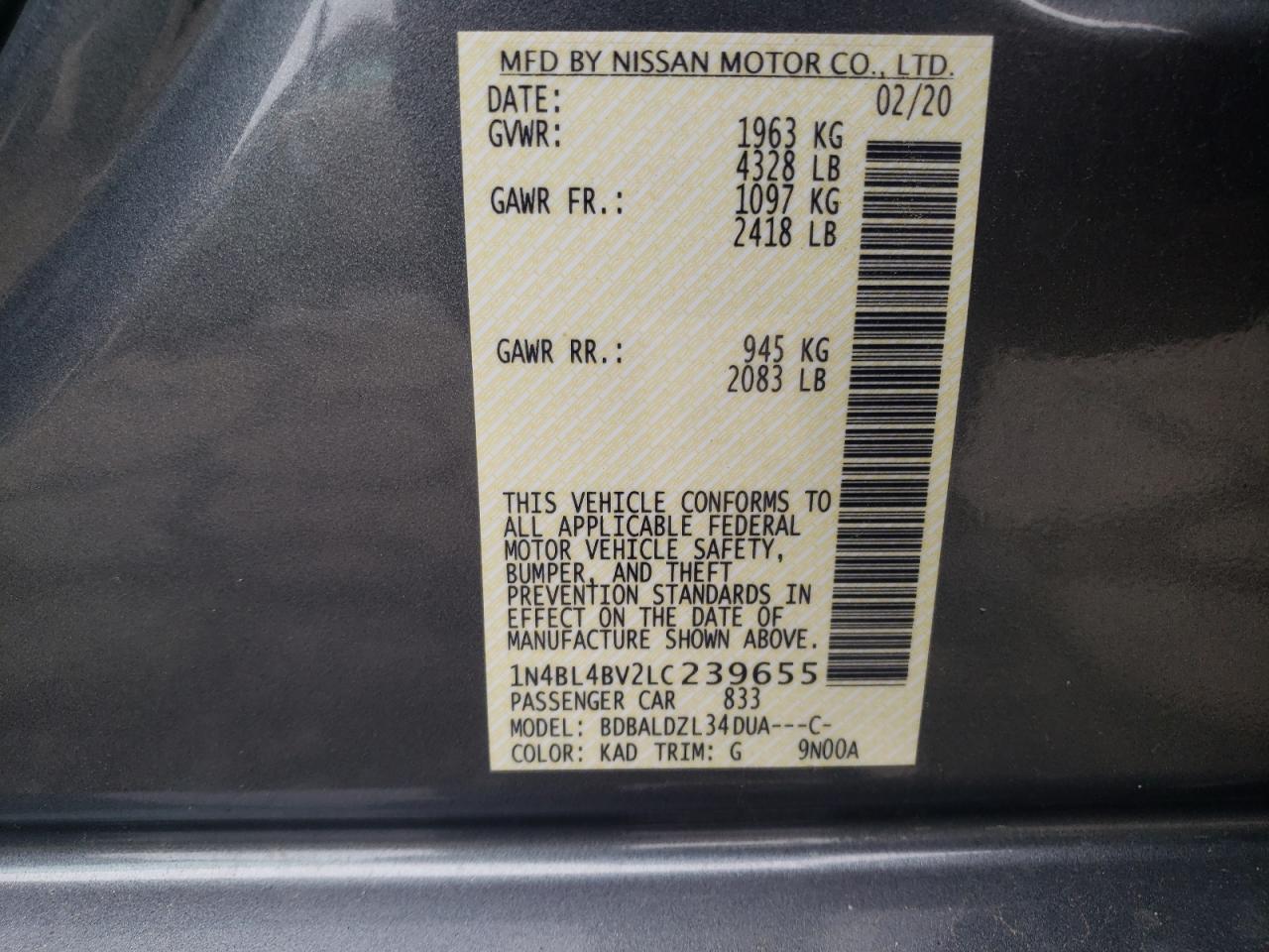 Photo 10 from auction – 2020 NISSAN ALTIMA S with VIN 1N4BL4BV2LC239655