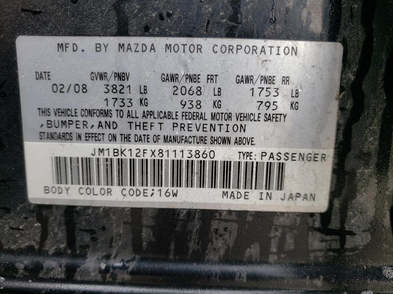 Foto 10 de la subasta – 2008 MAZDA 3 I con VIN JM1BK12FX81113860