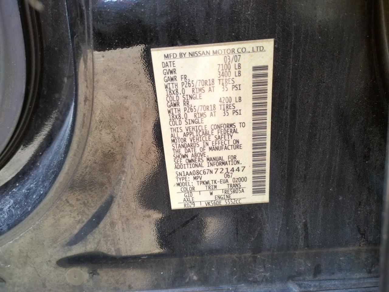 Photo 10 from auction – 2007 NISSAN ARMADA SE with VIN 5N1AA08C67N721447