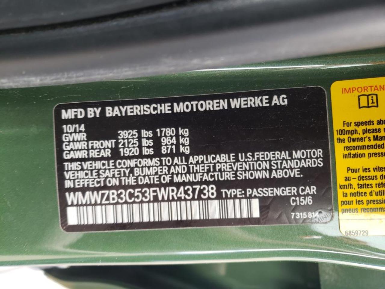 Photo 10 from auction – 2015 MINI COOPER COU with VIN WMWZB3C53FWR43738