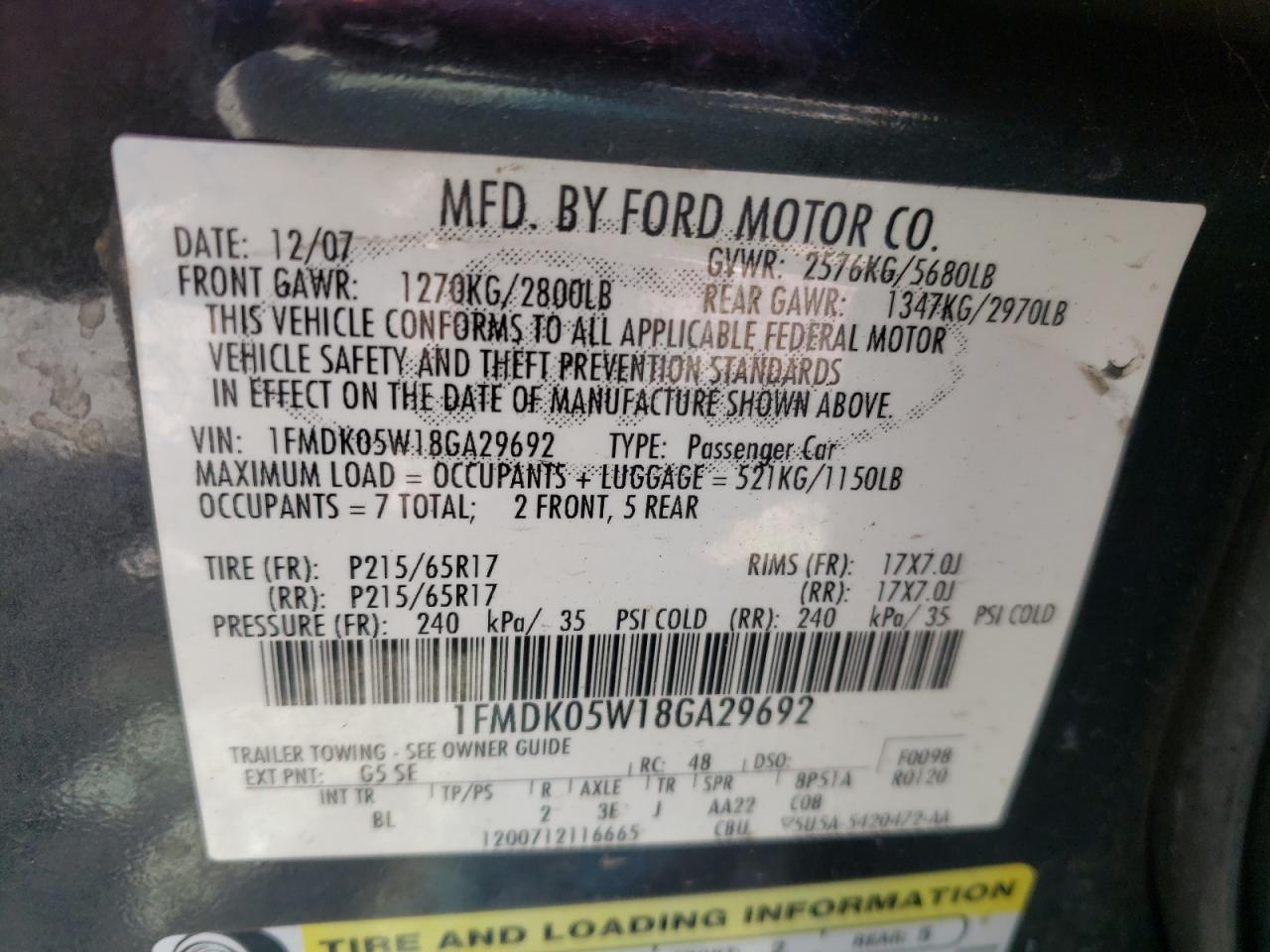 Photo 10 from auction – 2008 FORD TAURUS X S with VIN 1FMDK05W18GA29692