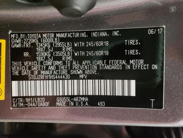 Photo 10 from auction – 2017 TOYOTA HIGHLANDER with VIN 5TDJZRFH1HS444430