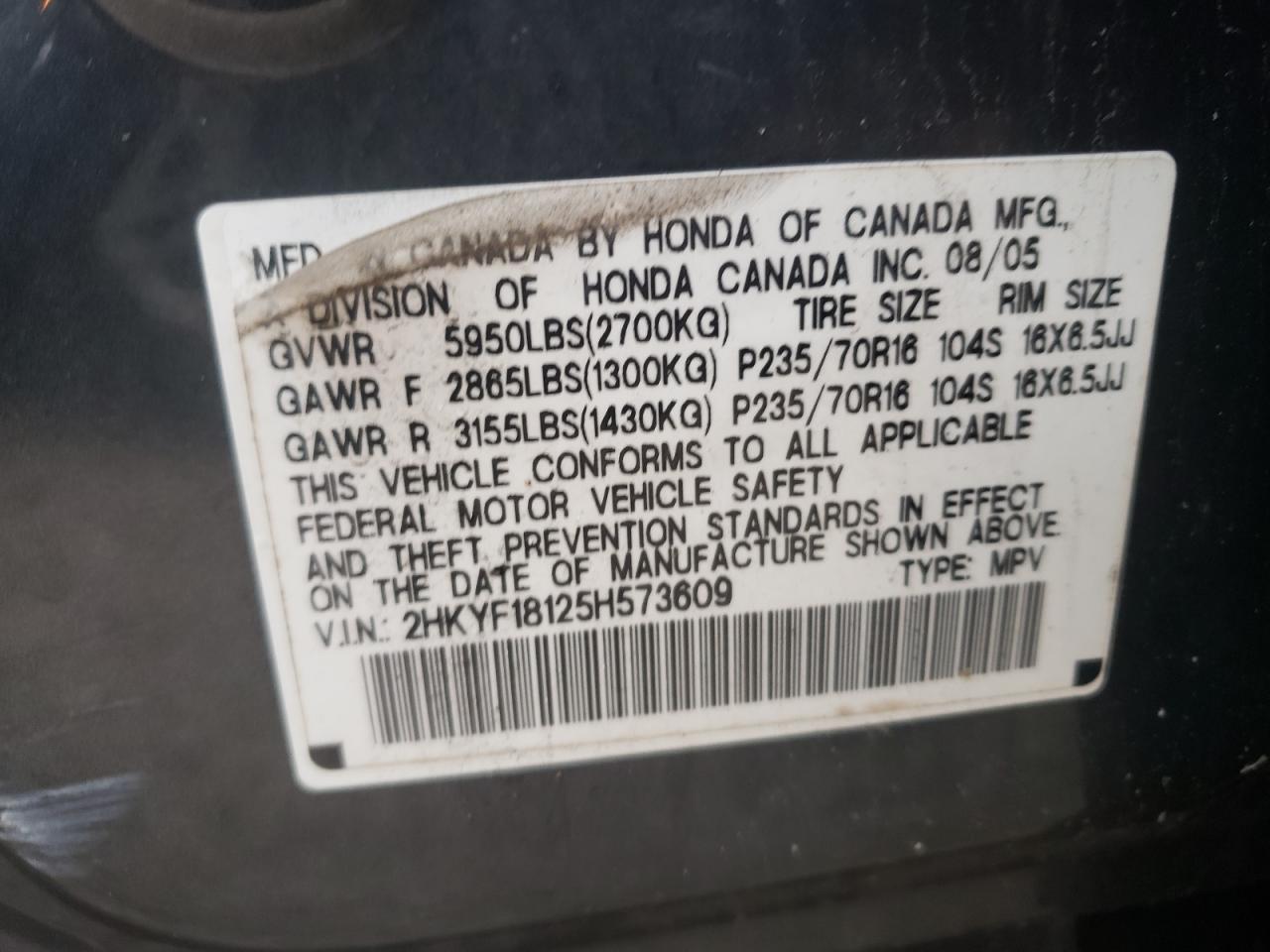 Photo 10 from auction – 2005 HONDA PILOT LX with VIN 2HKYF18125H573609