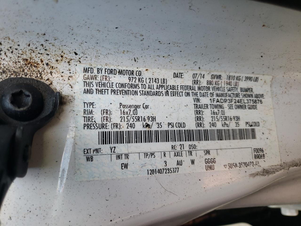 Photo 10 from auction – 2014 FORD FOCUS SE with VIN 1FADP3F24EL375876