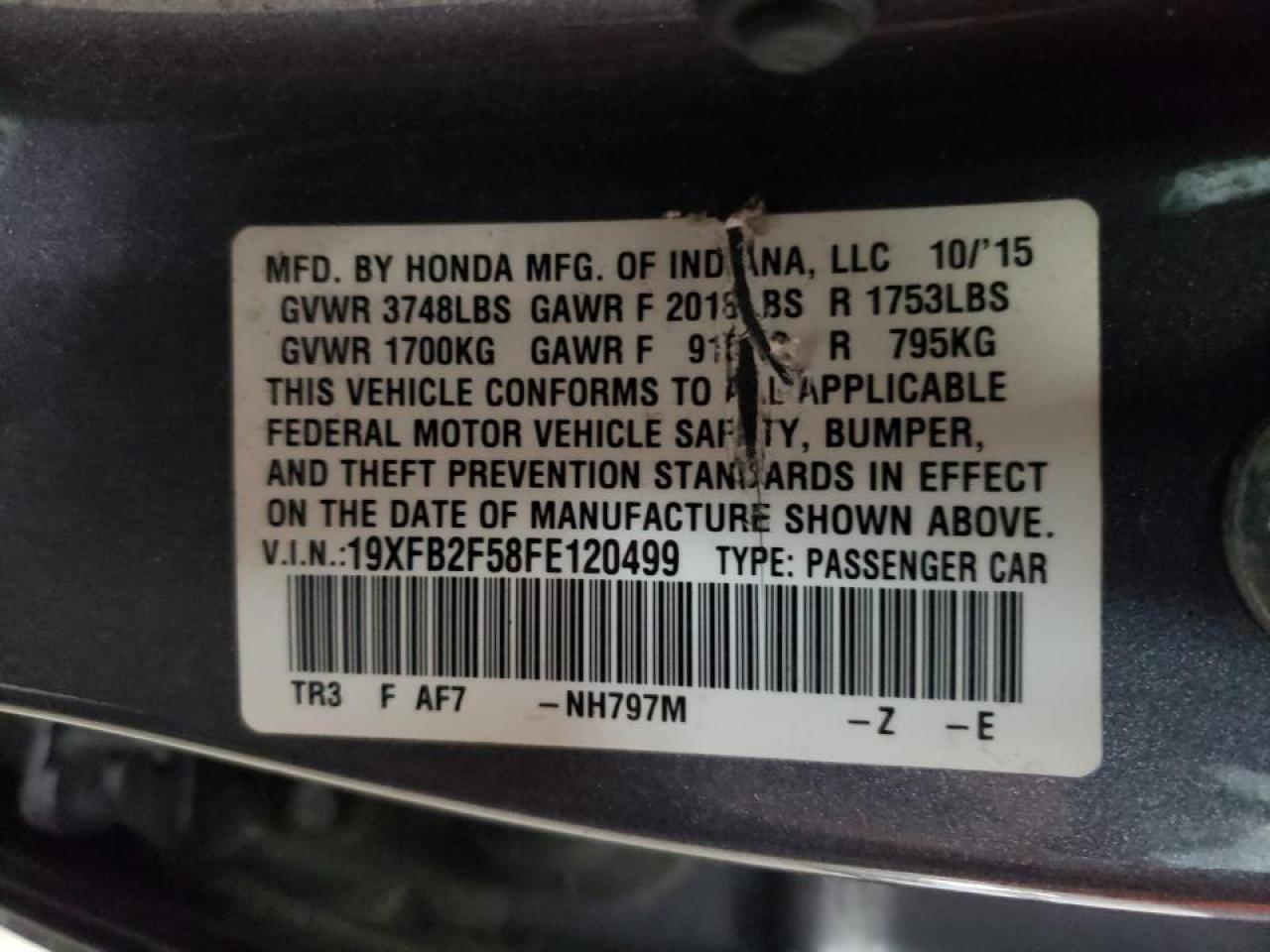 Photo 10 from auction – 2015 HONDA CIVIC LX with VIN 19XFB2F58FE120499