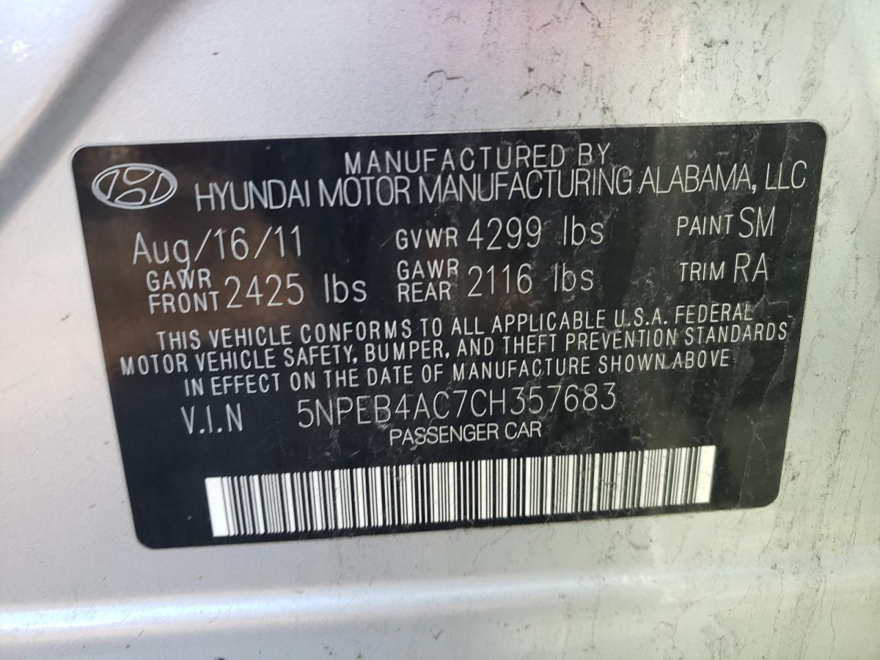 Photo 10 from auction – 2012 HYUNDAI SONATA GLS with VIN 5NPEB4AC7CH357683