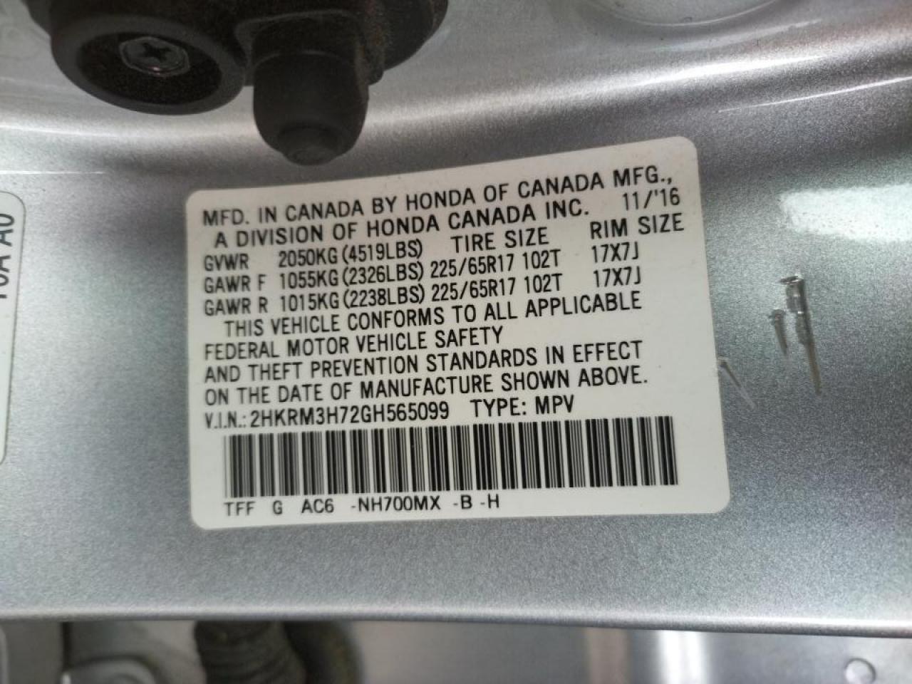 Photo 10 from auction – 2016 HONDA CR-V EXL with VIN 2HKRM3H72GH565099