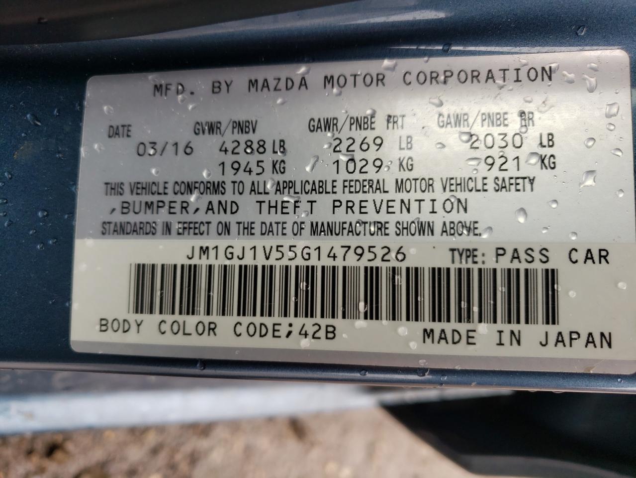 Photo 10 from auction – 2016 MAZDA 6 TOURING with VIN JM1GJ1V55G1479526