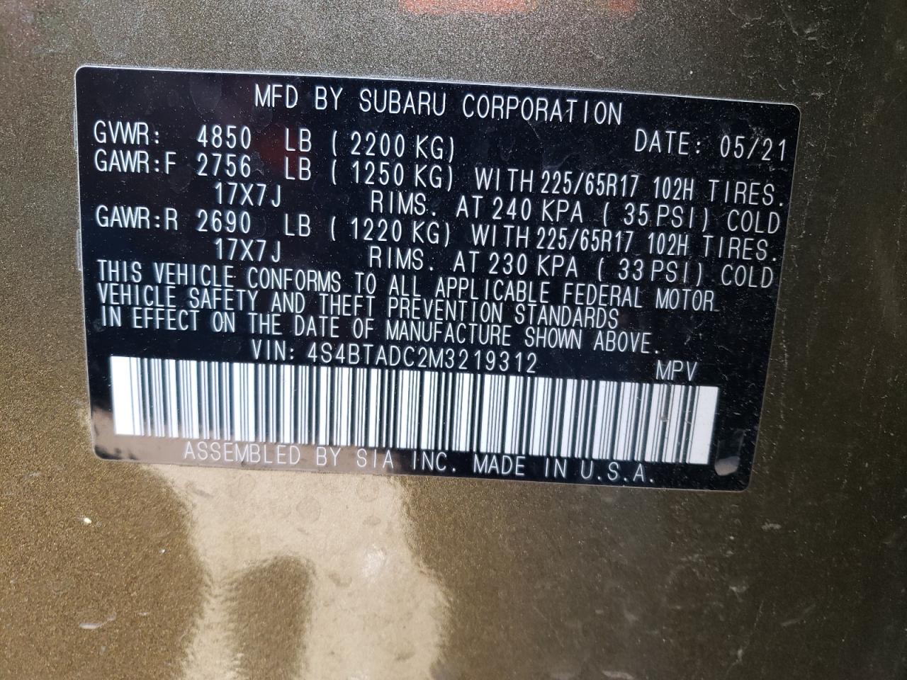 Photo 10 from auction – 2021 SUBARU OUTBACK PR with VIN 4S4BTADC2M3219312