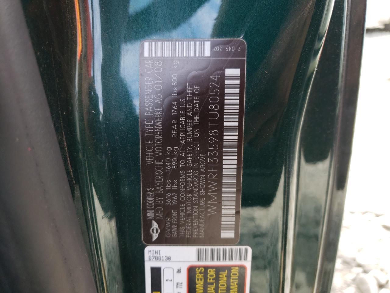 Photo 10 from auction – 2008 MINI COOPER S with VIN WMWRH33598TU80524