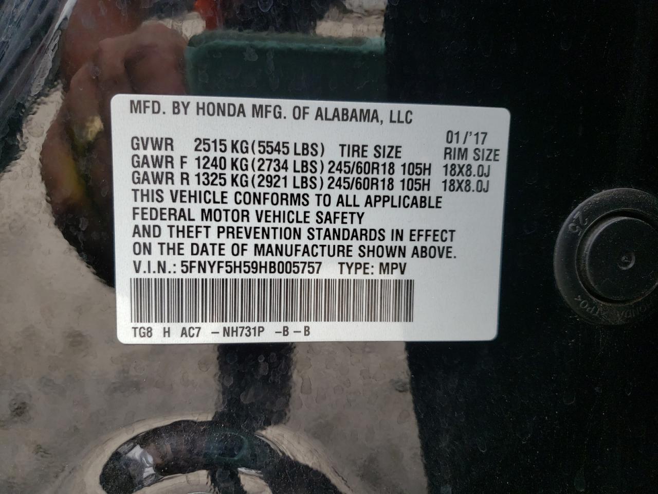 Photo 10 from auction – 2017 HONDA PILOT EXL with VIN 5FNYF5H59HB005757