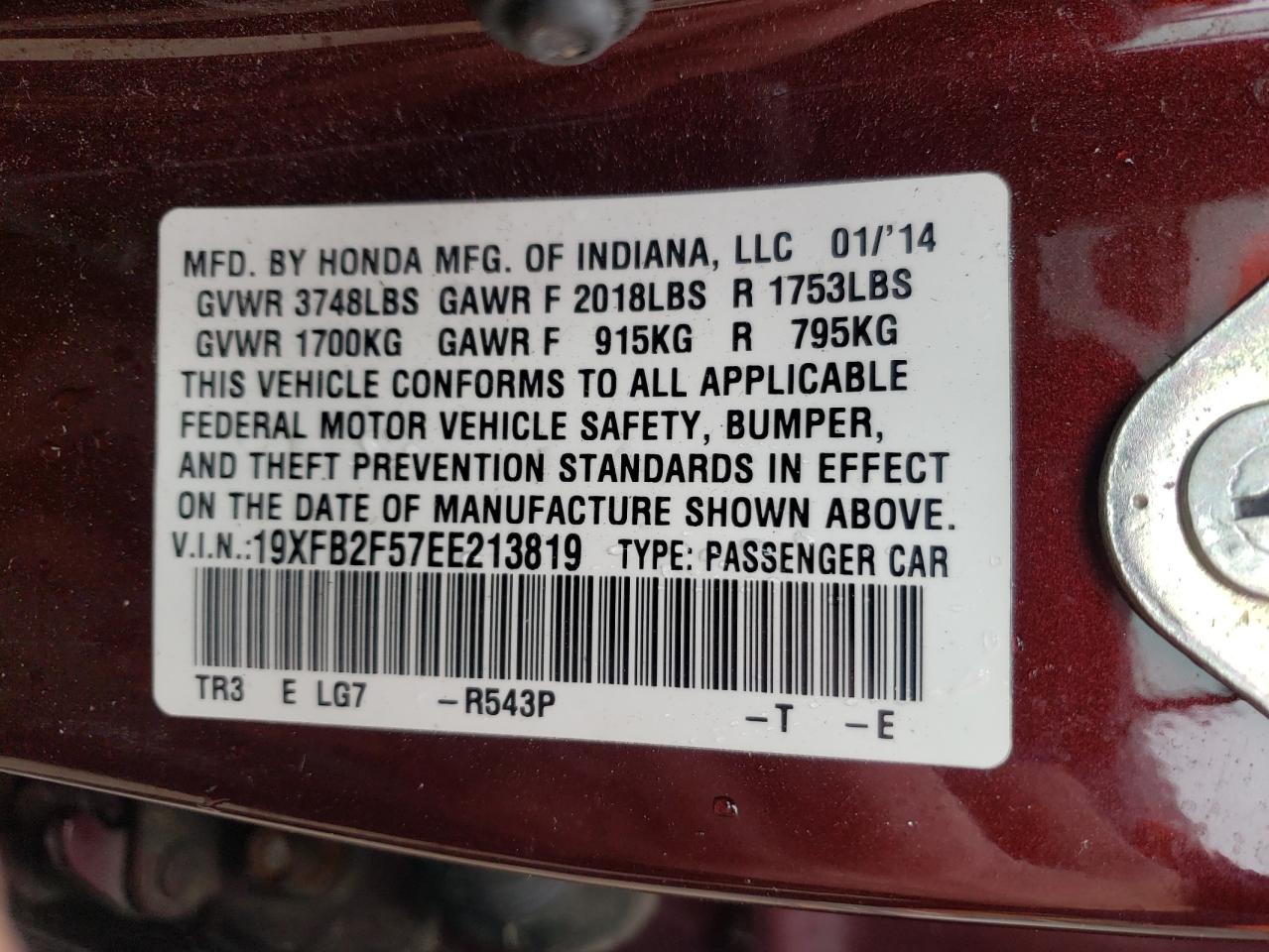 Photo 10 from auction – 2014 HONDA CIVIC LX with VIN 19XFB2F57EE213819