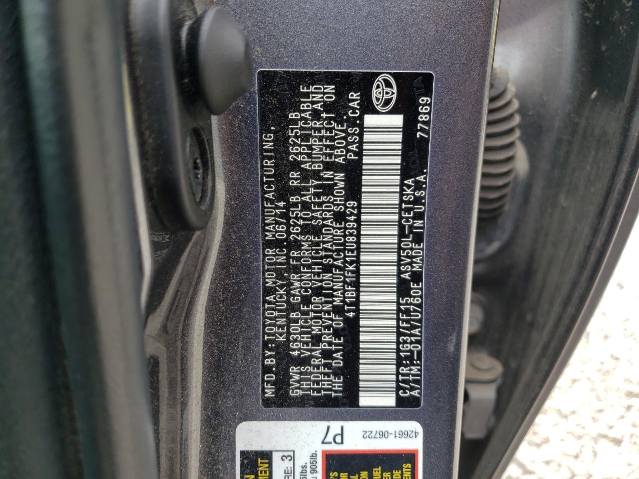 Photo 10 from auction – 2014 TOYOTA CAMRY L with VIN 4T1BF1FK1EU839429