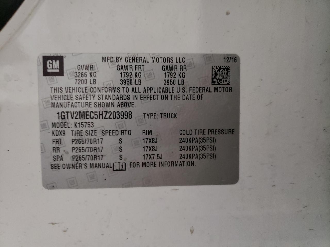 Photo 10 from auction – 2017 GMC SIERRA K15 with VIN 1GTV2MEC5HZ203998